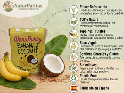 Tarrina de helado casero para perros sabor coco y plátano de Waniyanpi, elaborado con ingredientes 100% naturales y envase sin plástico.