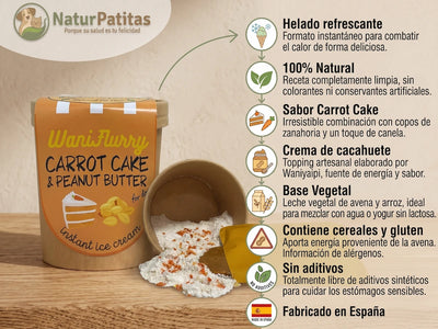 Tarrina de helado natural para perros sabor Carrot Cake y crema de cacahuete de Waniyanpi, fácil de preparar en casa y con envase sin plástico.