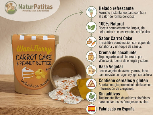 Tarrina de helado natural para perros sabor Carrot Cake y crema de cacahuete de Waniyanpi, fácil de preparar en casa y con envase sin plástico.