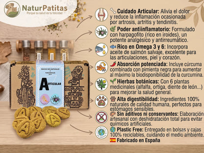 Snack Funcional de Harpagofito, Cúrcuma y Aceite de Salmón CON CEREALES + CUIDADO ARTICULAR y ANTIINFLAMATORIO para Perro Adulto y Senior de Todos los Tamaños (también Esterilizados)