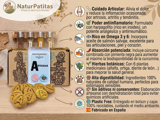 Snack Funcional de Harpagofito, Cúrcuma y Aceite de Salmón CON CEREALES + CUIDADO ARTICULAR y ANTIINFLAMATORIO para Perro Adulto y Senior de Todos los Tamaños (también Esterilizados)