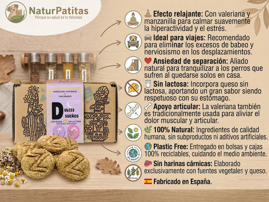 Snack Funcional de Queso sin Lactosa, Valeriana y Manzanilla CON CEREALES + RELAJANTE + APOYO ARTICULAR para Perro Adulto y Senior de Todos los Tamaños (también Esterilizados)