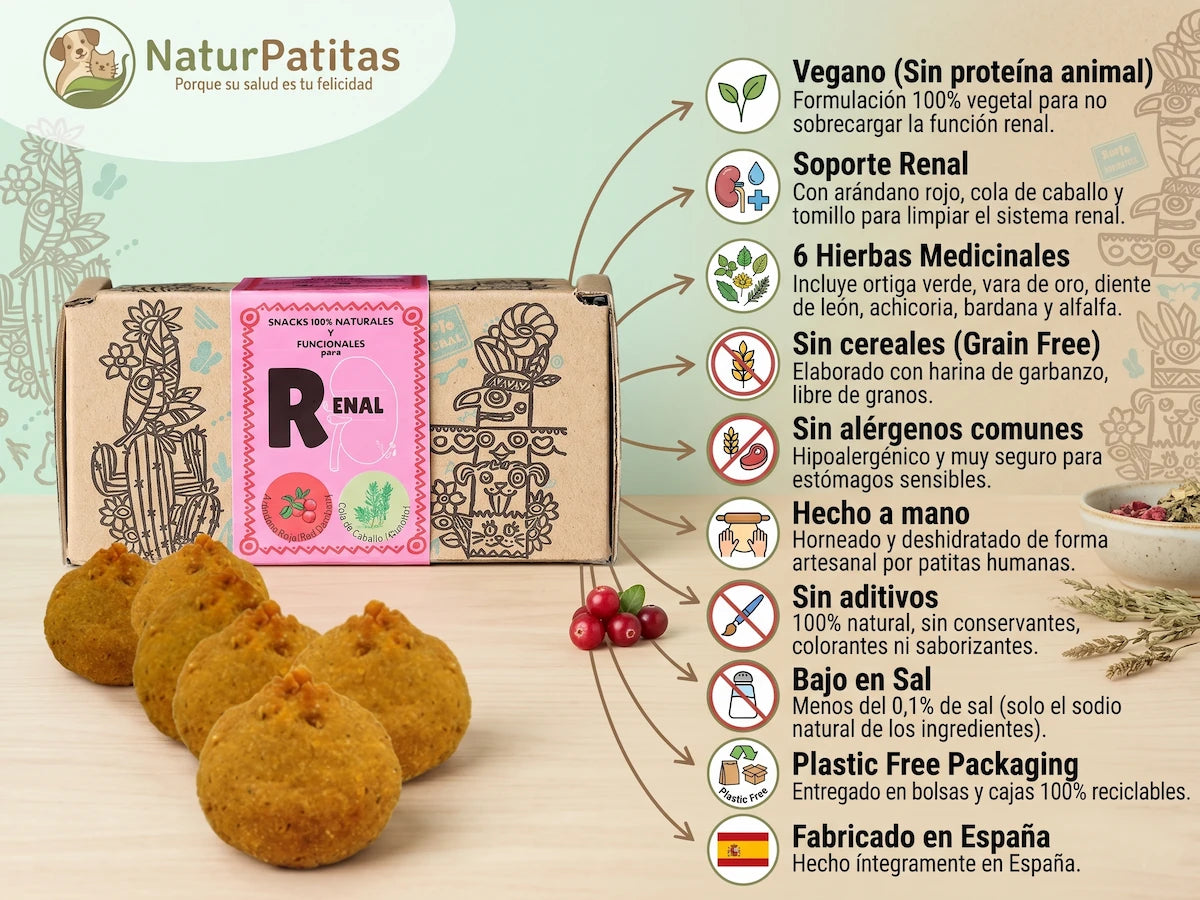 Galletas naturales y veganas Waniyanpi para perros con problemas renales, elaboradas con arándano rojo y hierbas botánicas.