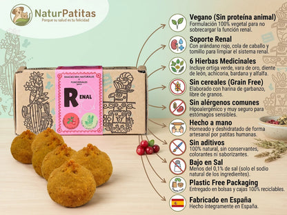 Galletas naturales y veganas Waniyanpi para perros con problemas renales, elaboradas con arándano rojo y hierbas botánicas.