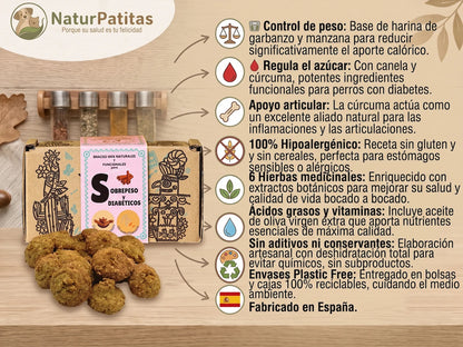 Snack Funcional de Garbanzo, Manzana y Canela SIN CEREALES + CONTROL DE PESO y CUIDADO DIABETES para Perro de Todas las Edades y Tamaños (también Esterilizados)
