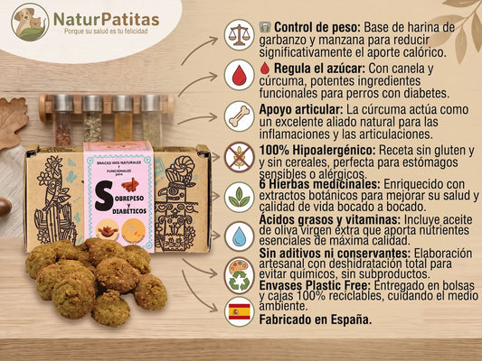 Snack Funcional de Garbanzo, Manzana y Canela SIN CEREALES + CONTROL DE PESO y CUIDADO DIABETES para Perro de Todas las Edades y Tamaños (también Esterilizados)