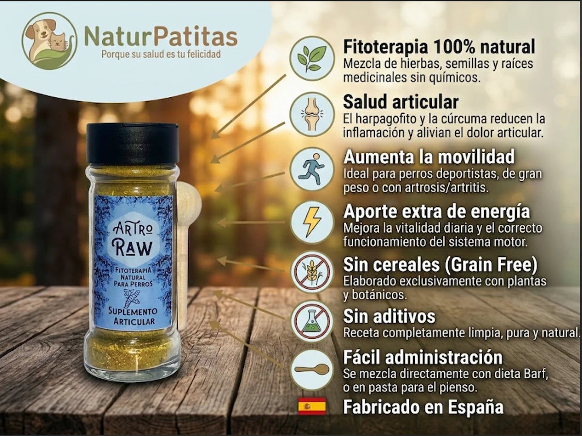 Suplemento de Harpagofito y Cúrcuma SIN CEREALES + SALUD ARTICULAR y ACCIÓN ANTIINFLAMATORIA para perro Adulto/Senior Cualquier Tamaño (también esterilizados)