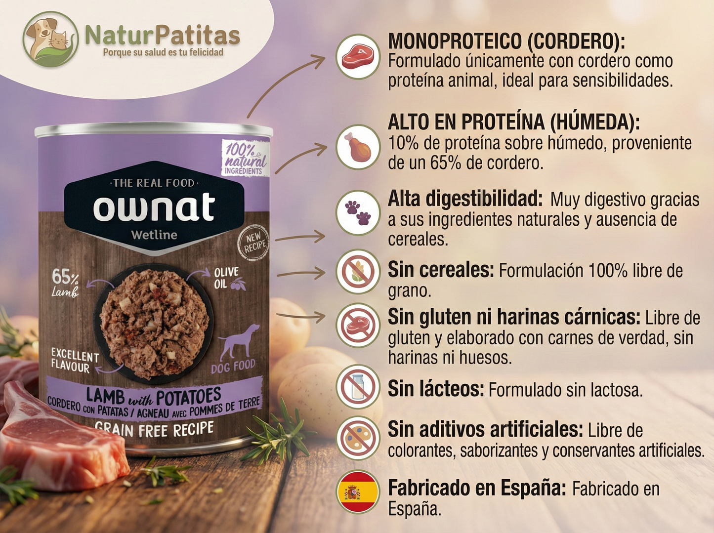 Paté Completo de Cordero con Patatas "SIN CEREALES & ALTA DIGESTIBILIDAD & PIEL Y PELAJE" para Perro de cualquier edad y tamaño